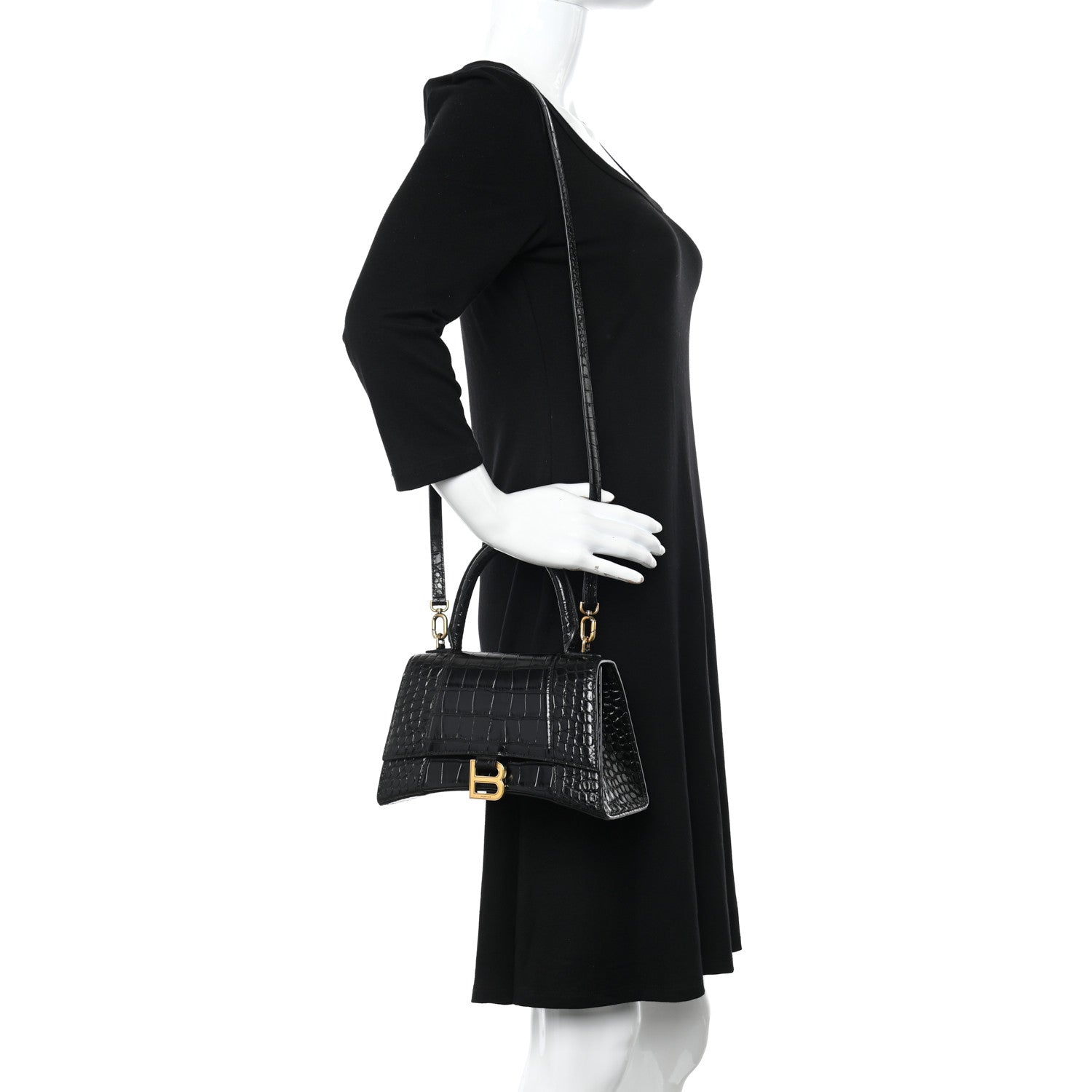 Balenciaga Shiny Calfskin Crocodile Embossed Small Hourglass Top Handle Bag Black 3 of 12