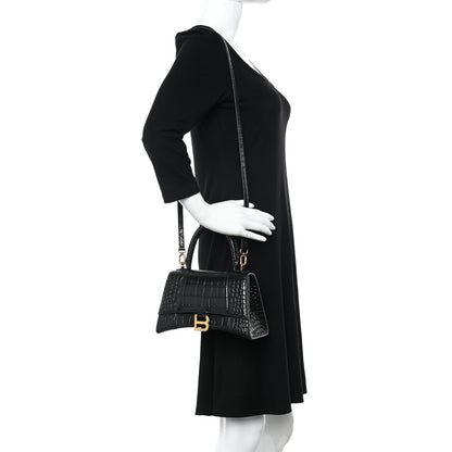 Balenciaga Shiny Calfskin Crocodile Embossed Small Hourglass Top Handle Bag Black 3 of 12