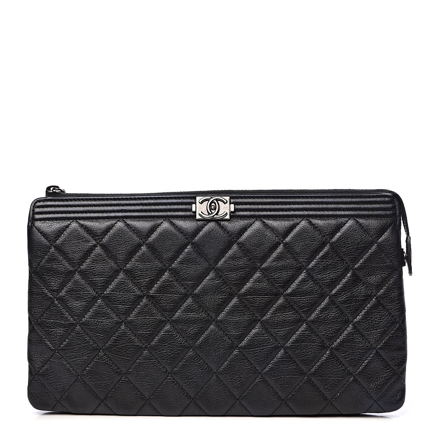 Calfskin Quilted Small Zipped Boy Pouch Black