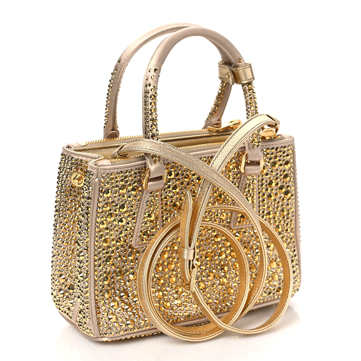 Prada Satin Crystal Mini Galleria Double Zip Tote Platino 2 of 8
