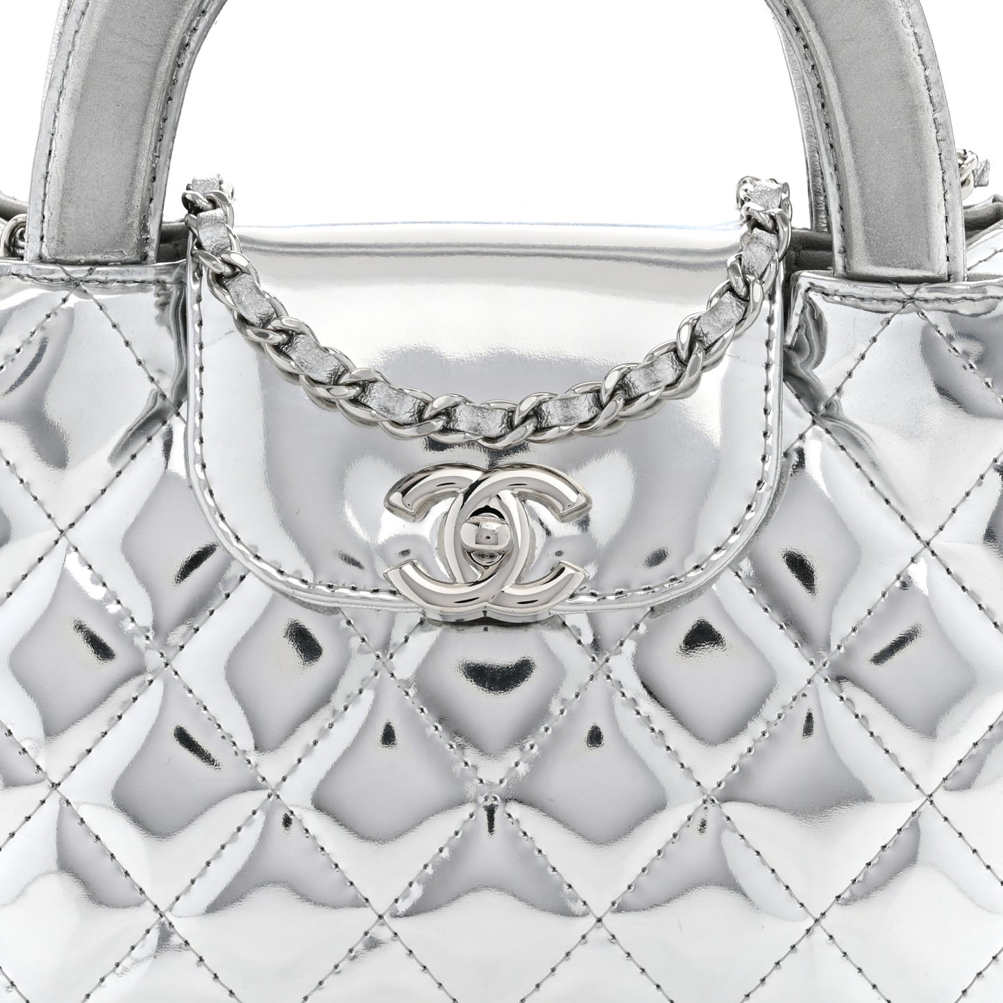 Mirror Calfskin Metallic Calfskin Quilted Nano Kelly Shopper Silvery
