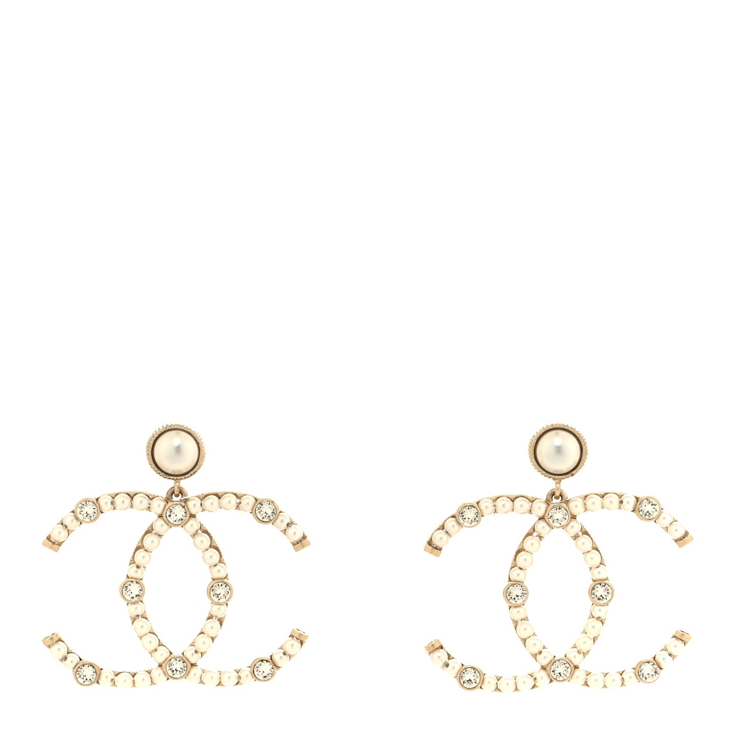 Metal Crystal Pearl CC Drop Earrings Gold