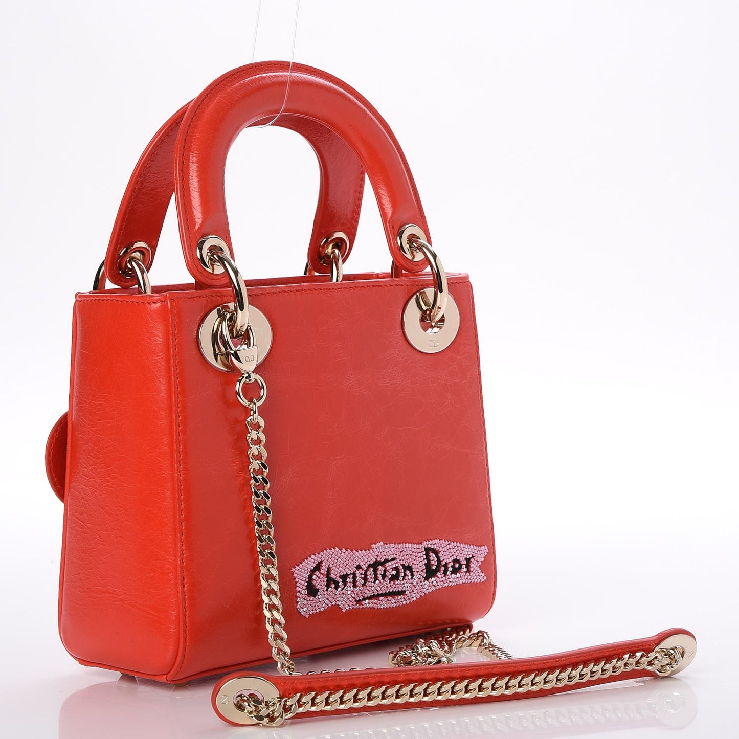 Calfskin Beaded Mini Lady Dior Rouge Multicolor