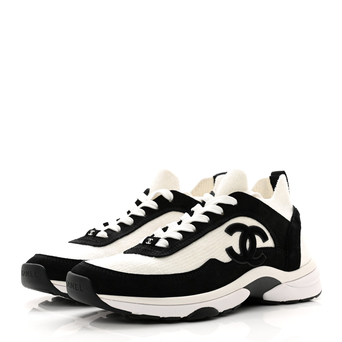 Fabric Suede Calfskin CC Sneakers 38.5 White Black