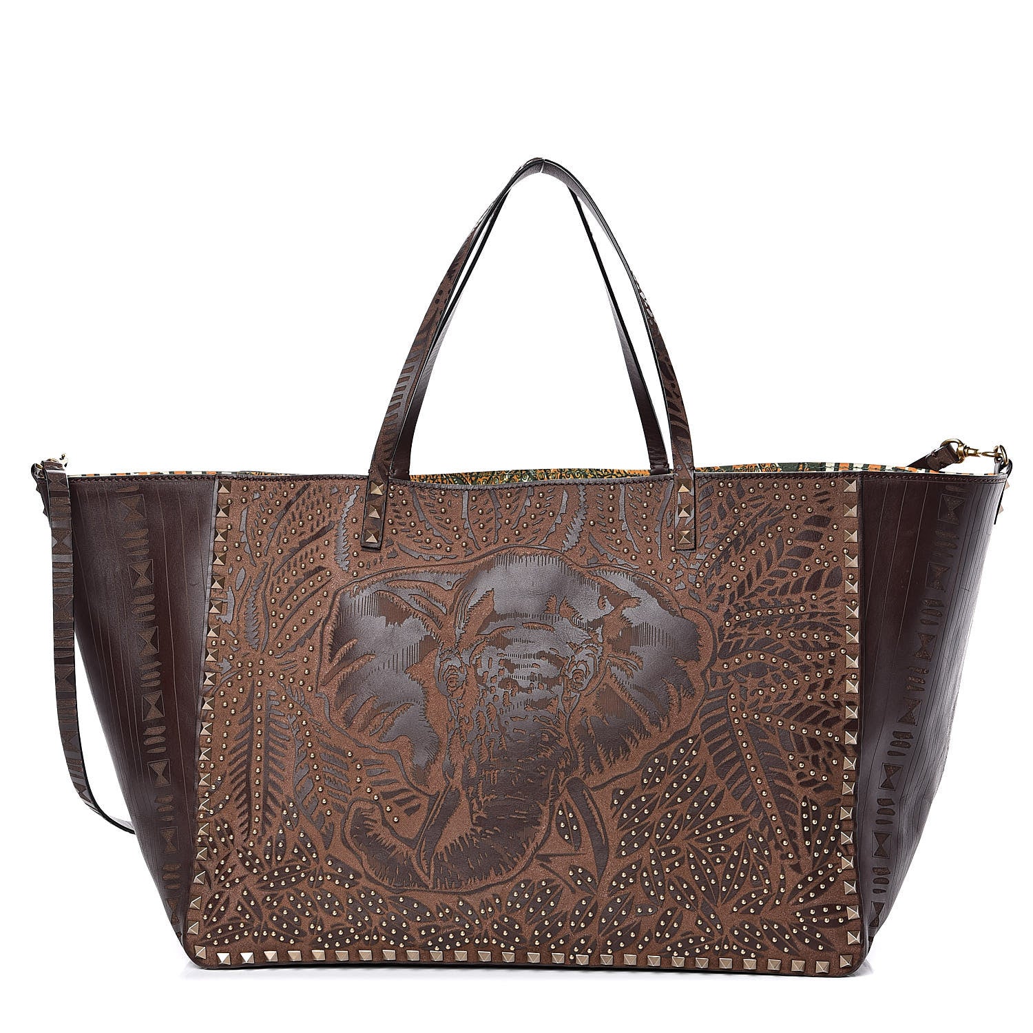 Valentino Garavani Calfskin Canvas Elephant Embossed Medium Rockstud Reversible Tote Brown 1 of 18