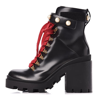 Gucci Magnum Calfskin Pearl Lace Up Combat Ankle Boots 38.5 Black 1 of 12