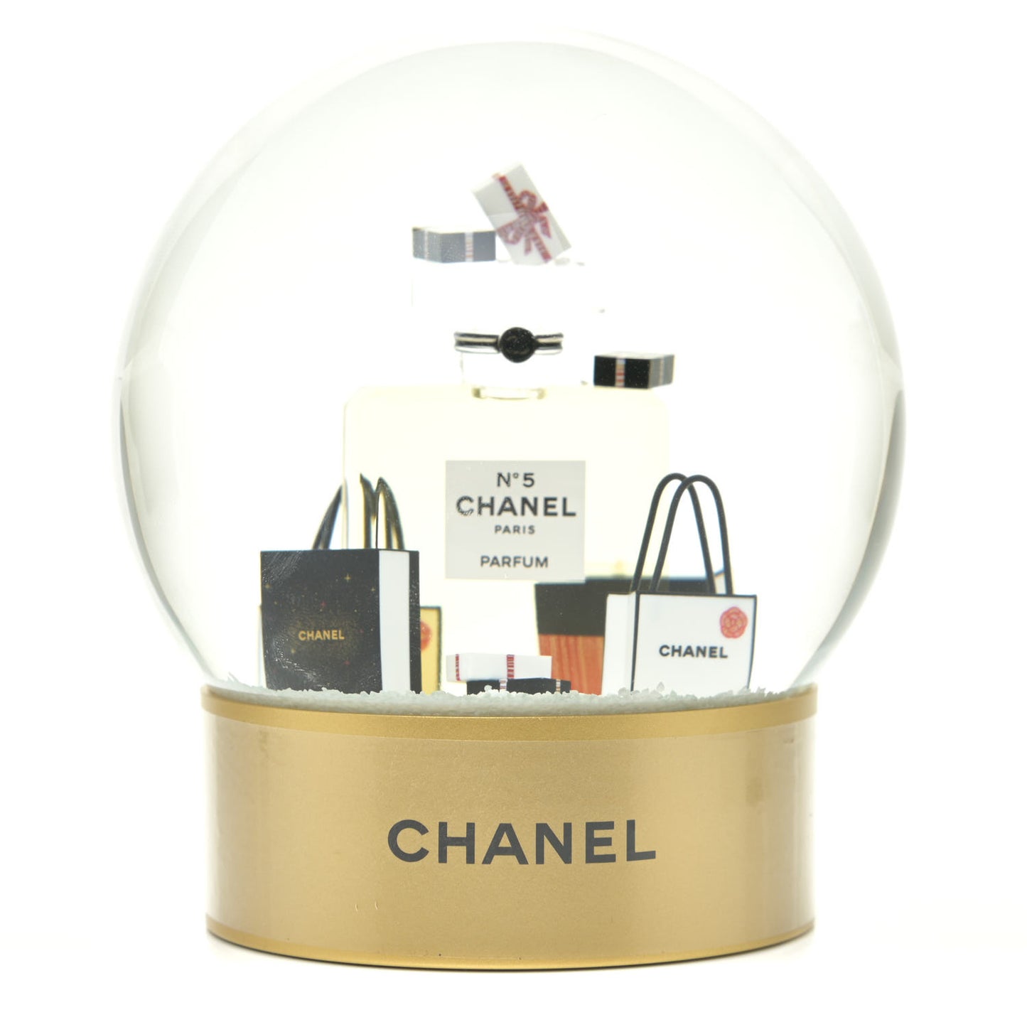 Glass N°5 Perfume Bottle Snow Globe Gold