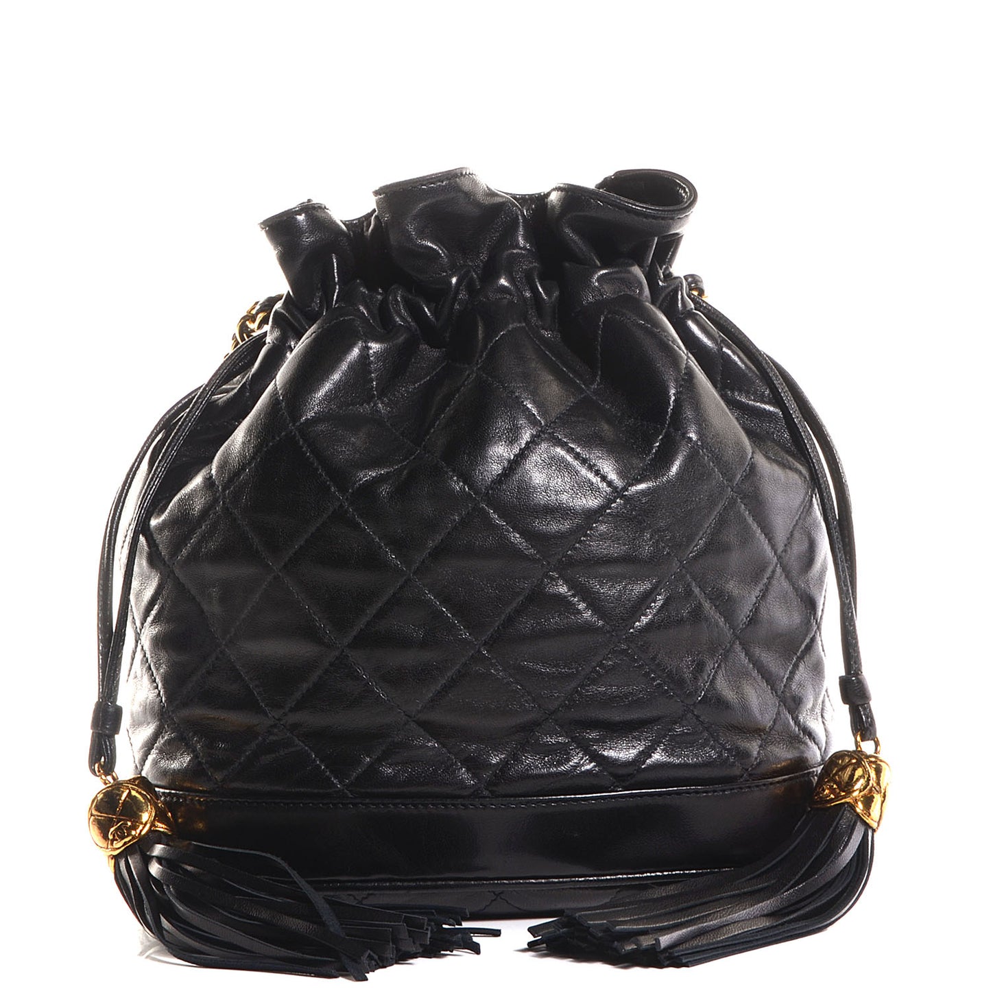 Lambskin Tassel Drawstring Pouch Bag Black