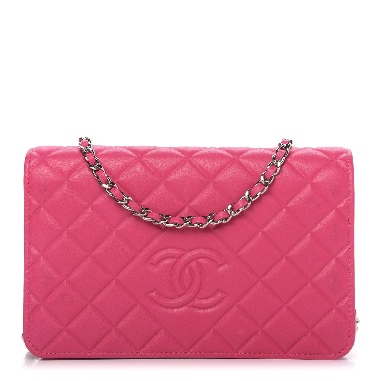 Lambskin Quilted Diamond CC Wallet On Chain WOC Pink
