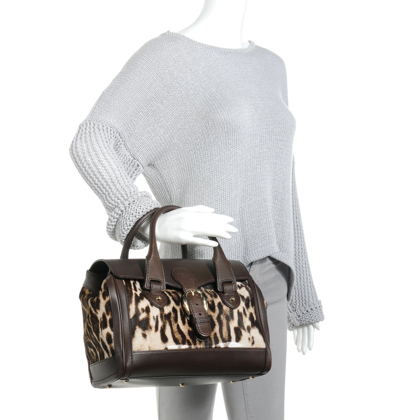 Pony Hair Leopard Print Medium Heritage Boston Bag Brown