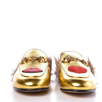 Gucci Metallic Nappa Fur Heart and Lips Womens Princetown Slippers 35 Gold 2 of 8