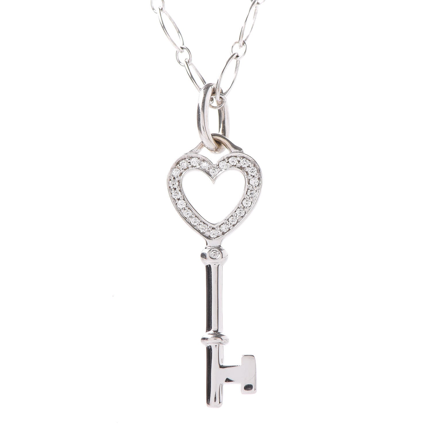 Tiffany 18K White Gold Diamond Mini Heart Key Charm Pendant Link Necklace 4 of 7