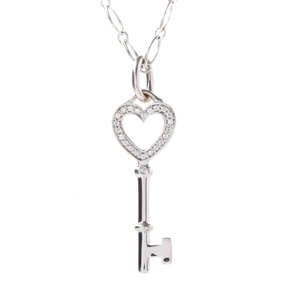Tiffany 18K White Gold Diamond Mini Heart Key Charm Pendant Link Necklace 4 of 7