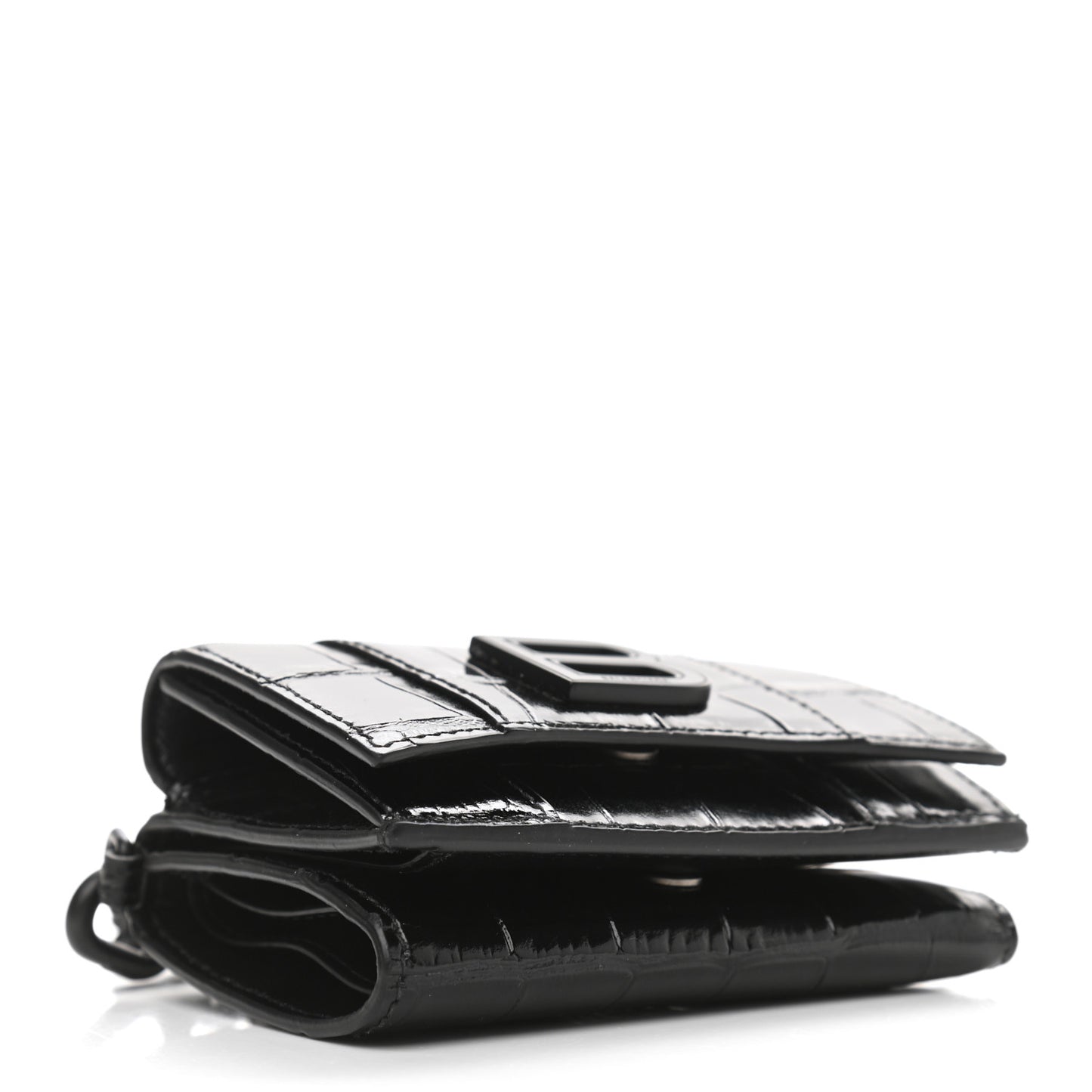 Shiny Calfskin Monochrome Crocodile Embossed Mini Hourglass Wallet on Chain Black