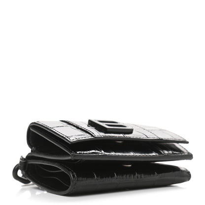 Balenciaga Shiny Calfskin Monochrome Crocodile Embossed Mini Hourglass Wallet on Chain Black 4 of 13