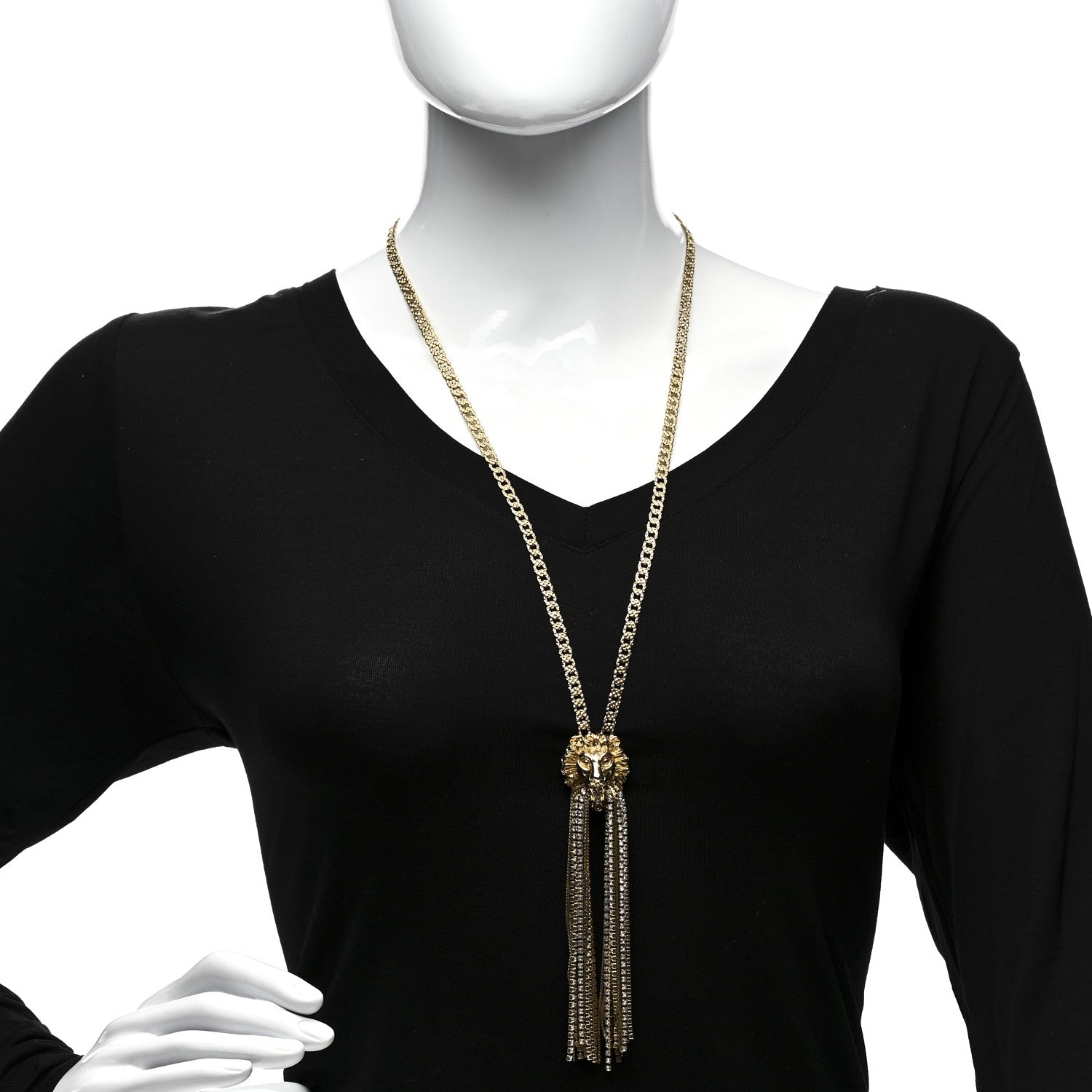 Gucci Metal Crystal Fringe Lion Head Necklace Gold 2 of 5