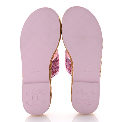 Chanel Tweed Mesh Satin CC Thong Sandals 38.5 Light Purple Pink Red 5 of 9