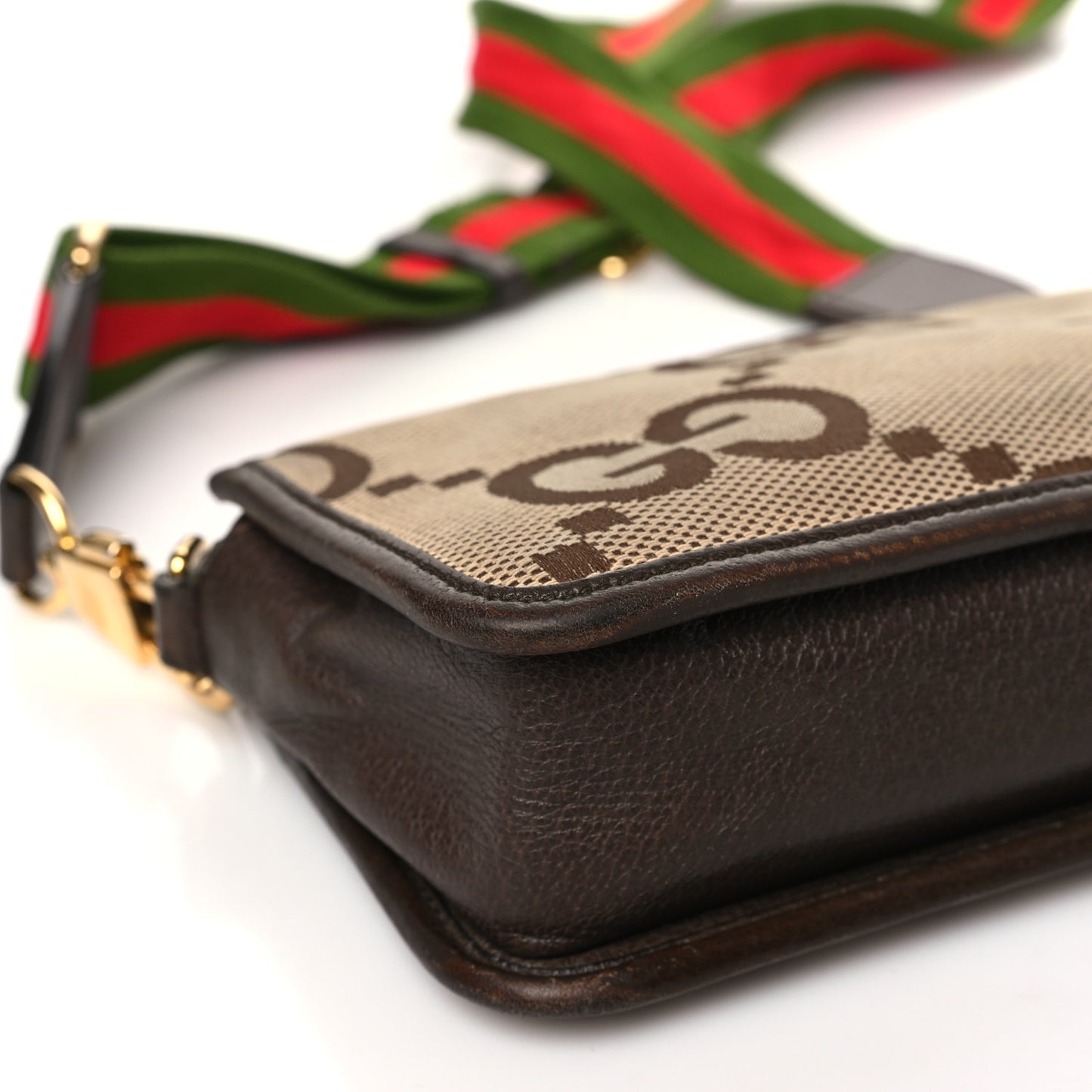 Monogram Jumbo GG Textured Dollar Calfskin Web Mini Crossbody Bag Camel Ebony New Acero