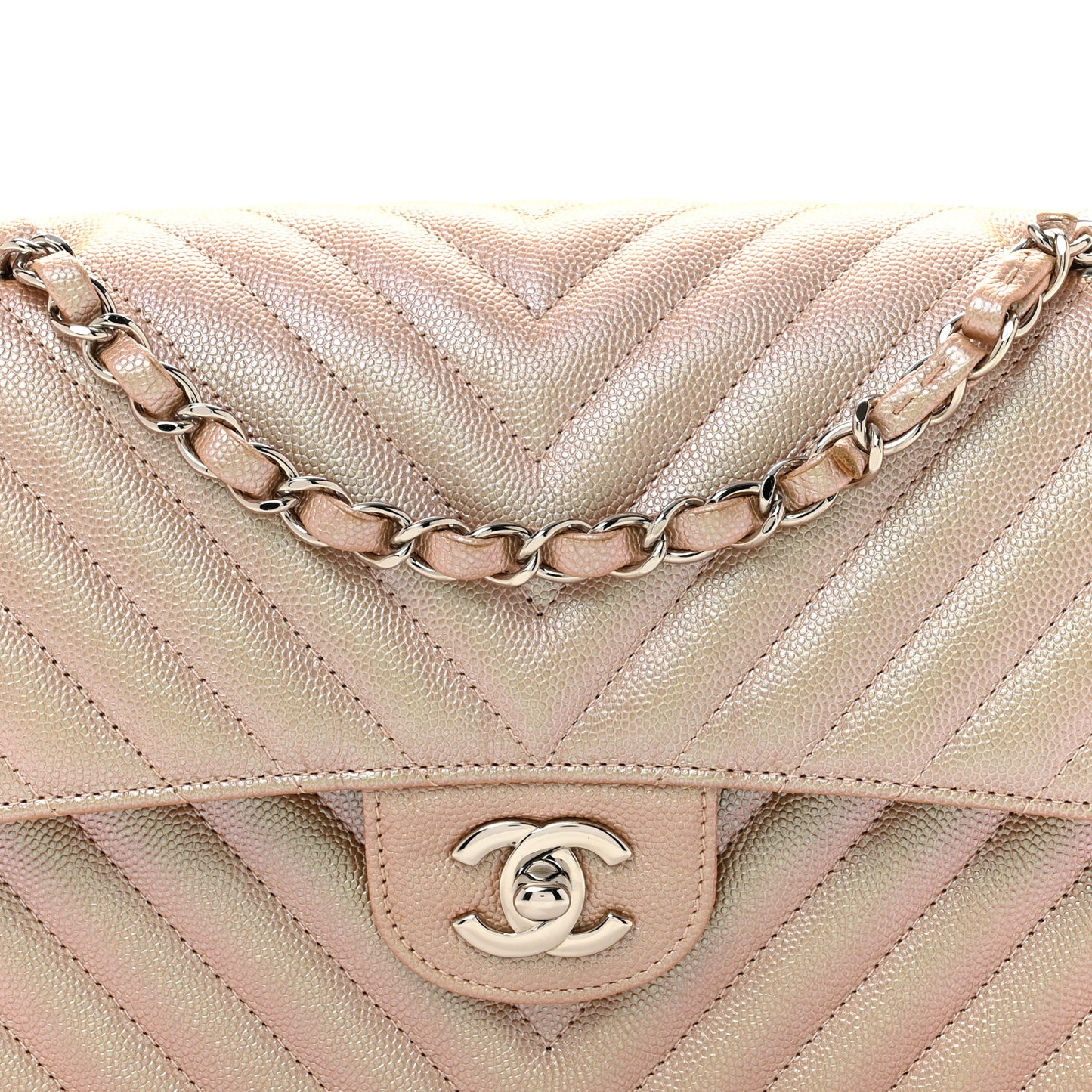 Metallic Caviar Chevron Quilted Medium Double Flap Light Gold
