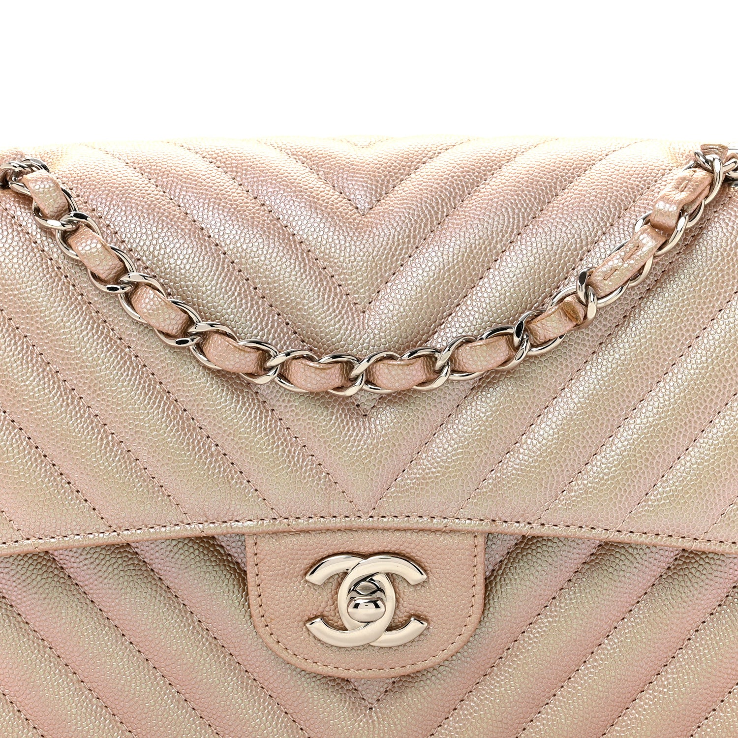 Chanel Metallic Caviar Chevron Quilted Medium Double Flap Light Gold 8 of 11