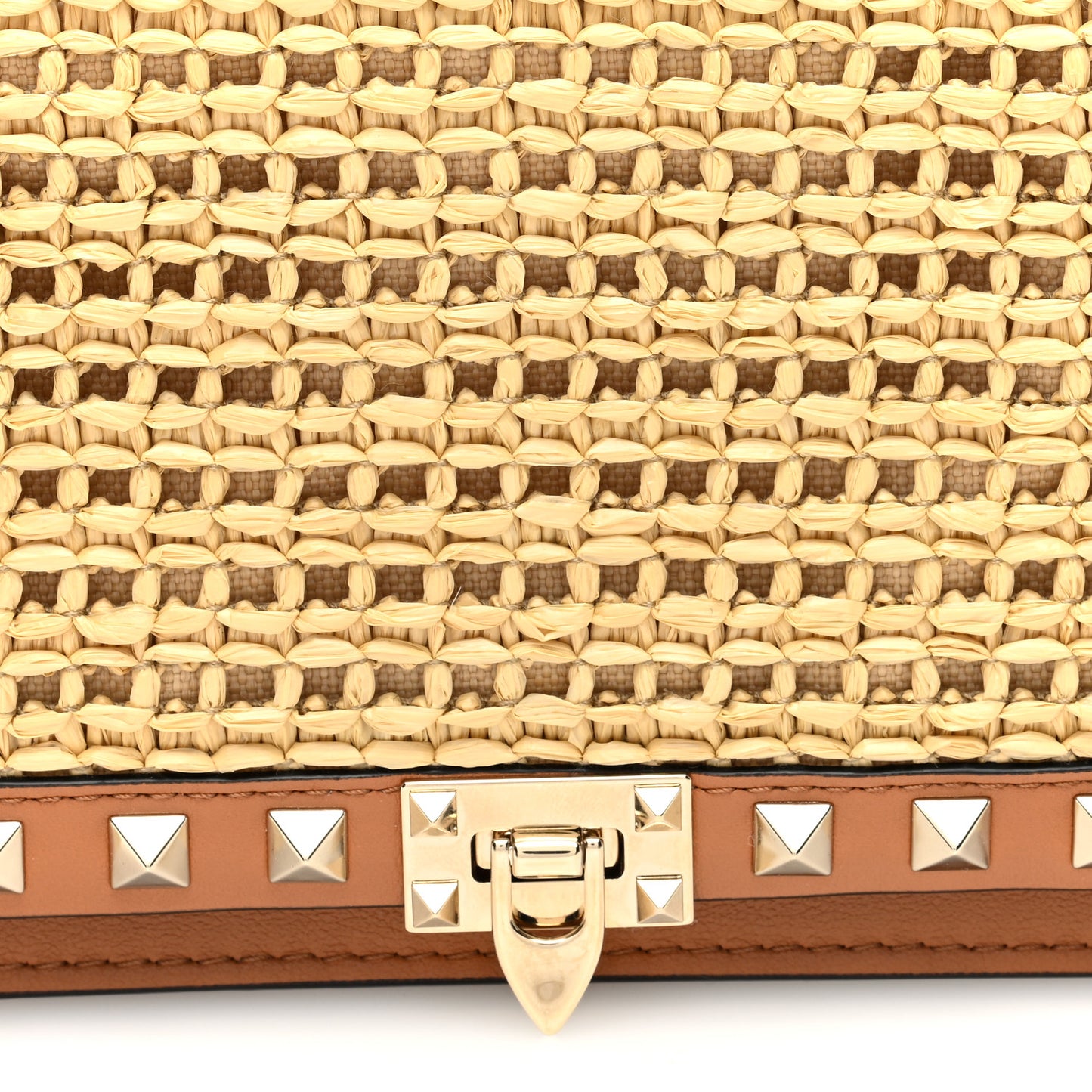 Raffia Calfskin Rockstud Wallet On Chain Pouch Natural Almond Beige