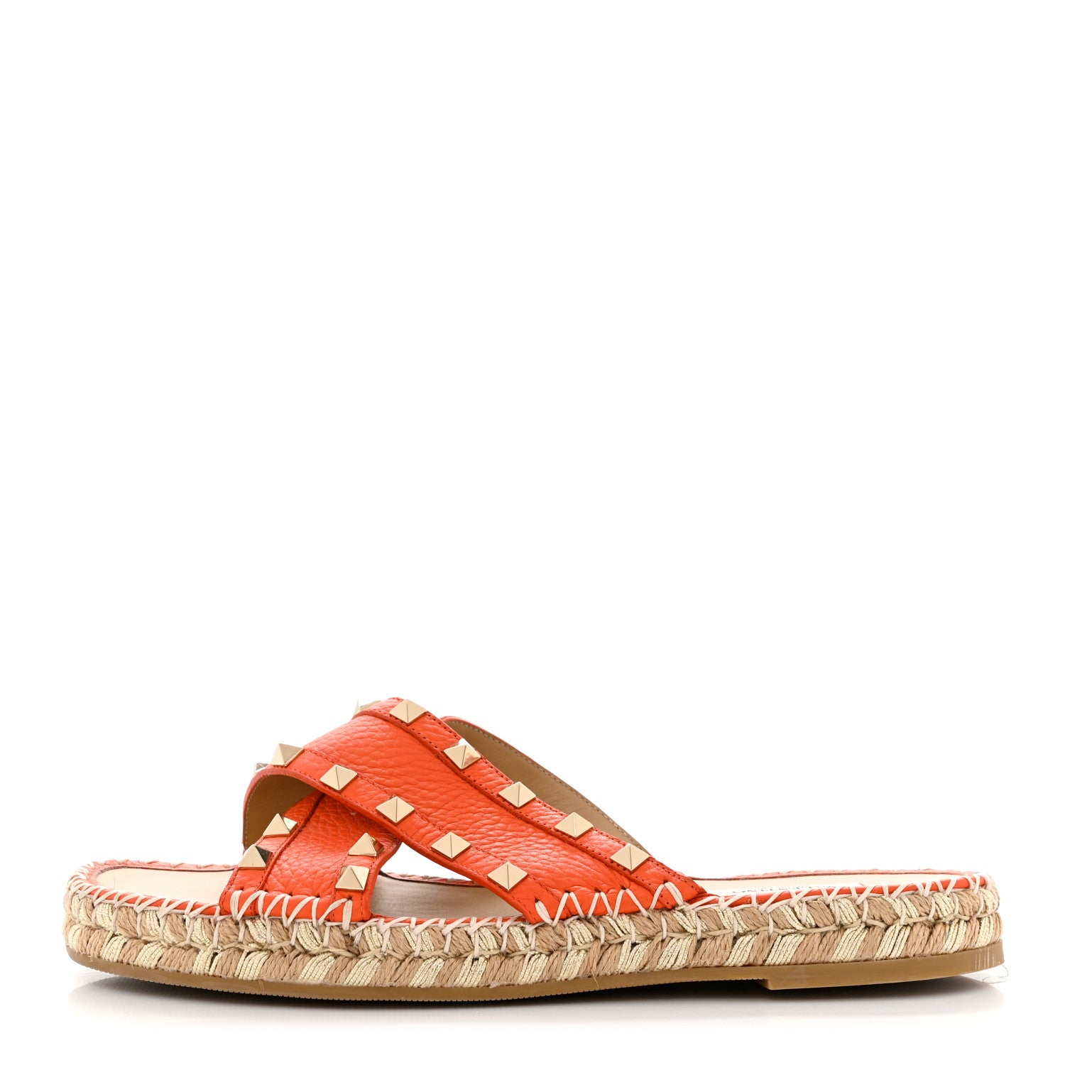Valentino Garavani Grained Calfskin Rockstud Crisscross Espadrille Flat Slide Sandals 38 Titian 1 of 8
