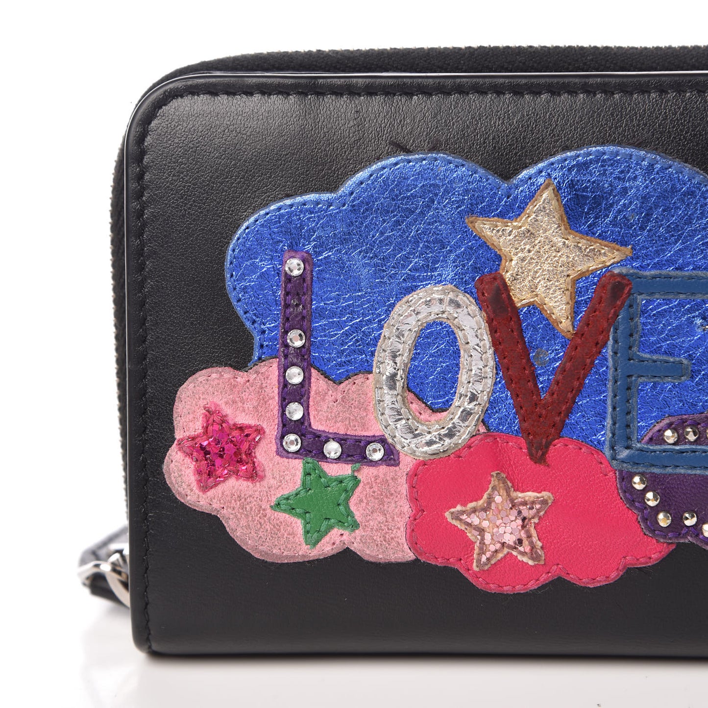 Calfskin Love Patchwork Compact Zip Around Wallet Black