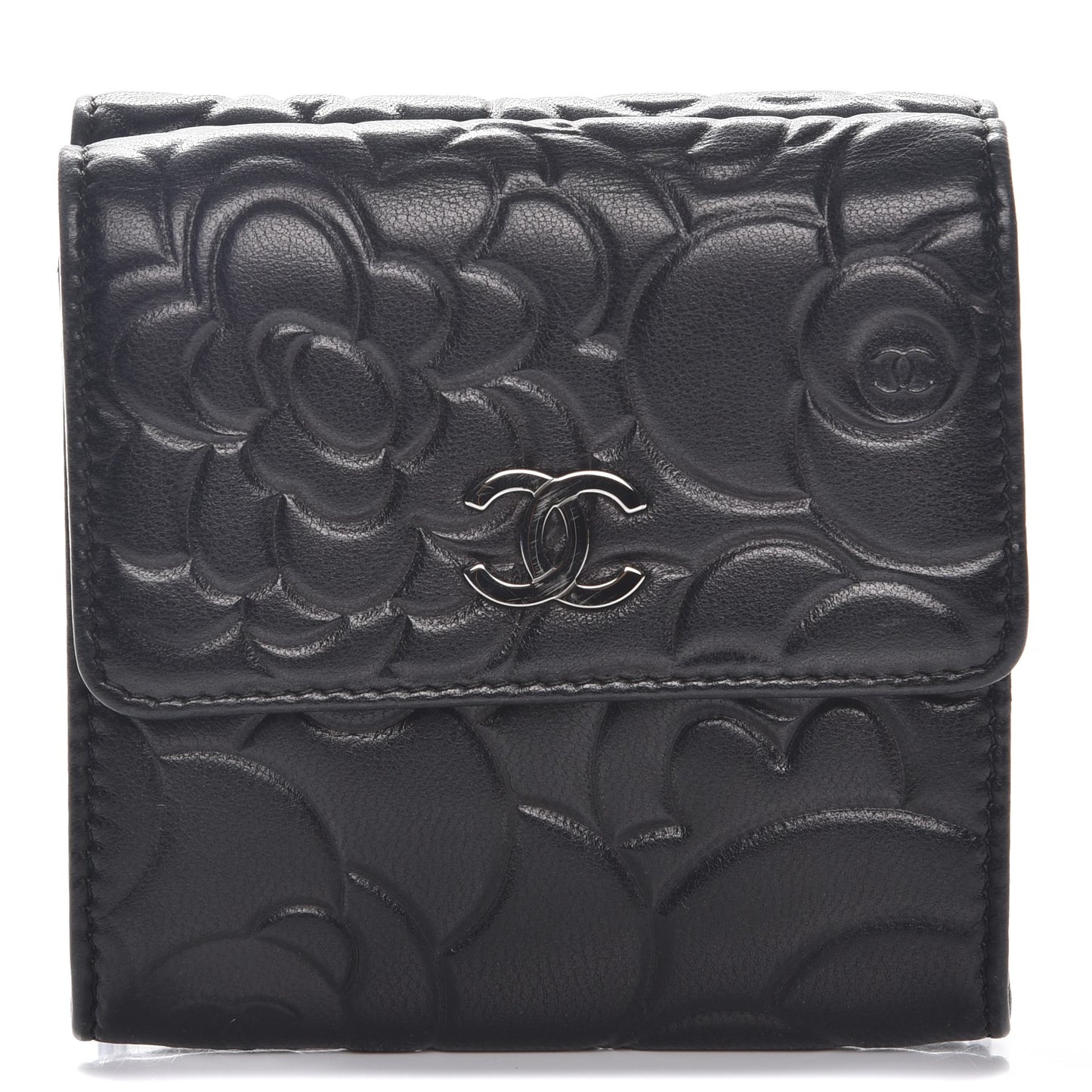 Lambskin Camellia Embossed Small Double Wallet Black