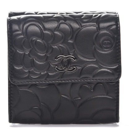 Chanel Lambskin Camellia Embossed Small Double Wallet Black 1 of 9