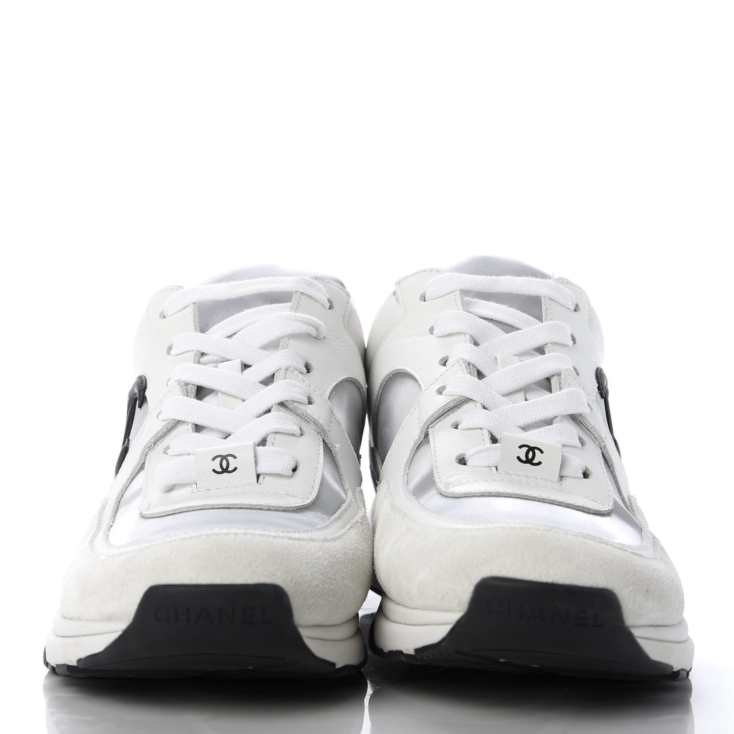 Chanel Calfskin Fabric Sneakers 37 White Silver Fluo Pink 2 of 9