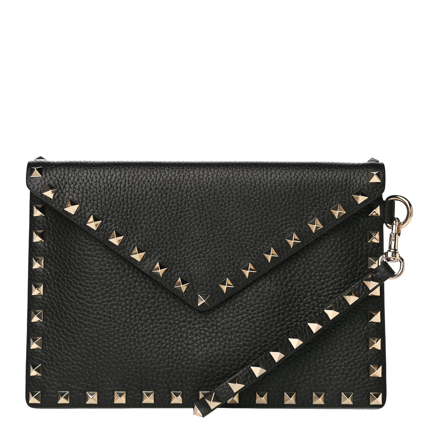 Pebbled Calfskin Medium Rockstud Envelope Flat Wristlet Pouch Black
