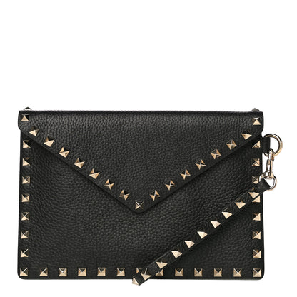 Valentino Garavani Pebbled Calfskin Medium Rockstud Envelope Flat Wristlet Pouch Black 1 of 10