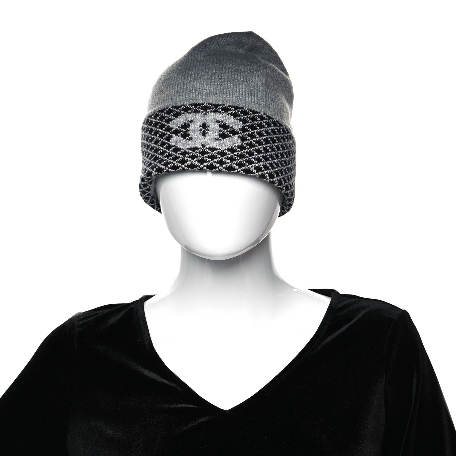 Chanel Cashmere Blend CC Beanie Hat With Gloves Set Black Grey 2 of 9