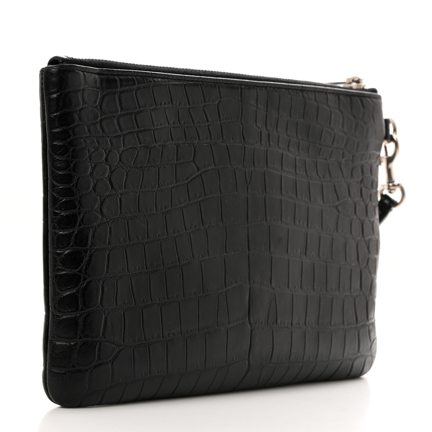 Saint Laurent Calfskin Crocodile Embossed Monogram Zip Pouch Black 3 of 9