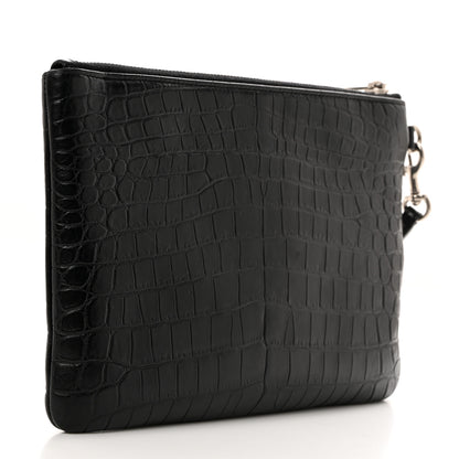 Saint Laurent Calfskin Crocodile Embossed Monogram Zip Pouch Black 3 of 9