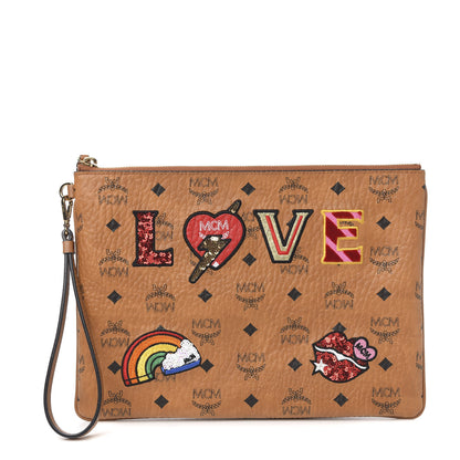 MCM Visetos Love Patch Wristlet Zip Pouch Cognac 1 of 7