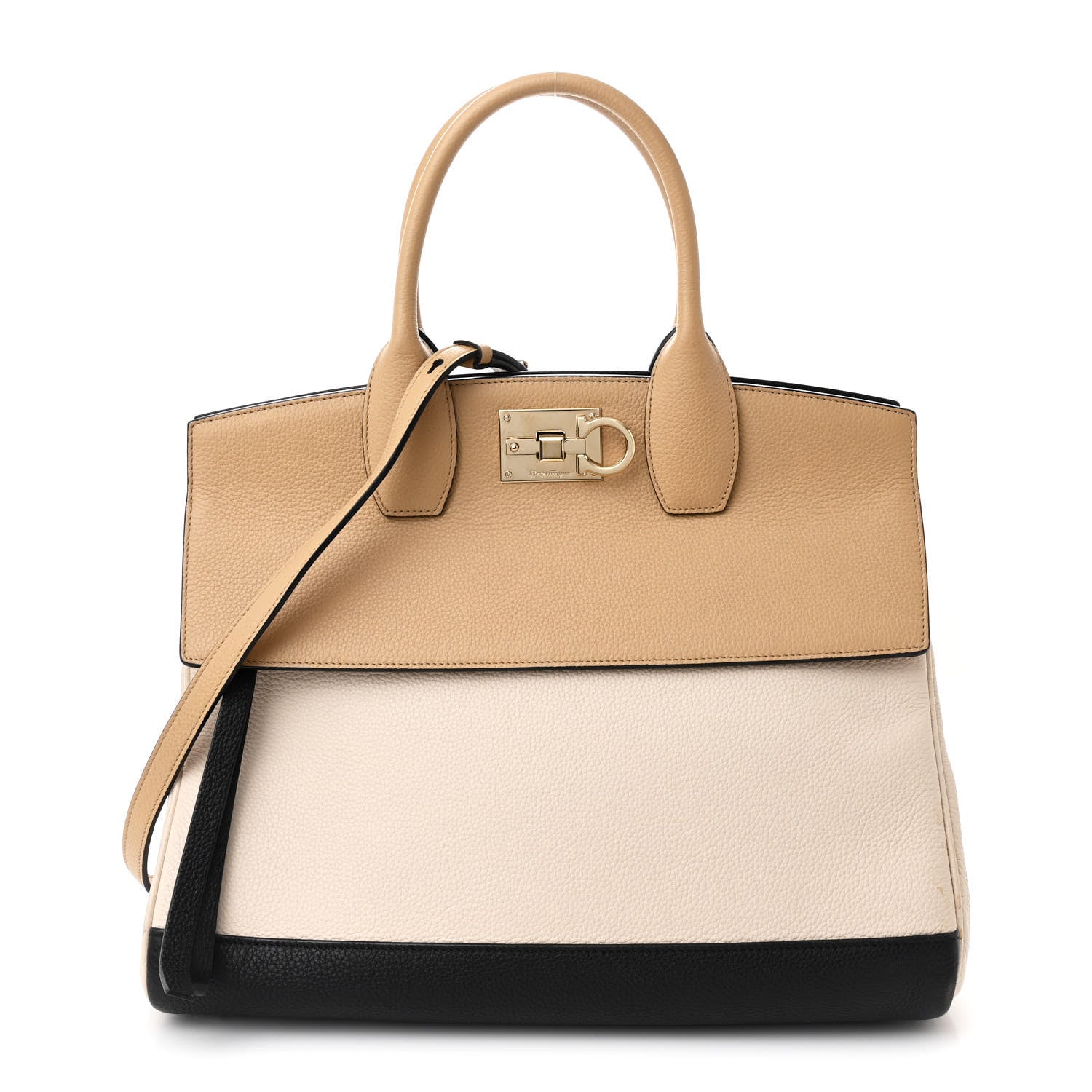 Salvatore Ferragamo Calfskin Large Studio Bag Dune Bone Black 1 of 10