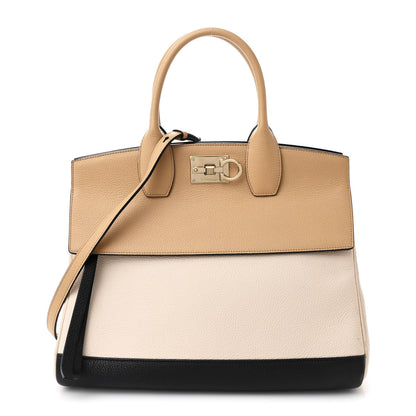 Salvatore Ferragamo Calfskin Large Studio Bag Dune Bone Black 1 of 10