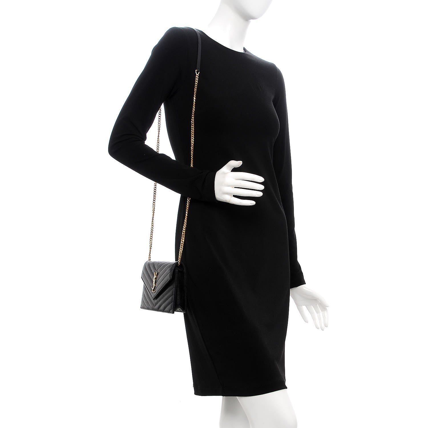 Saint Laurent Grain De Poudre Matelasse Chevron Monogram Envelope Chain Wallet Black 2 of 9