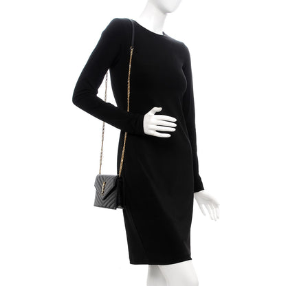 Saint Laurent Grain De Poudre Matelasse Chevron Monogram Envelope Chain Wallet Black 2 of 9