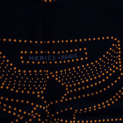 Hermes Cashmere Silk Brandebourgs Points Shawl 140 Bleu Black Gold Rouge 3 of 5