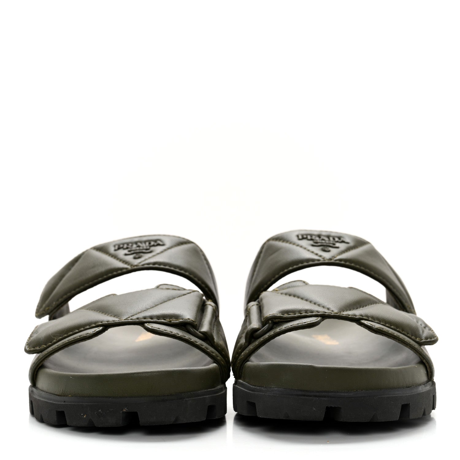 Prada Nappa Logo Quilted Velcro Strap Lug Sole Slide Sandals 36.5 Militare 2 of 14