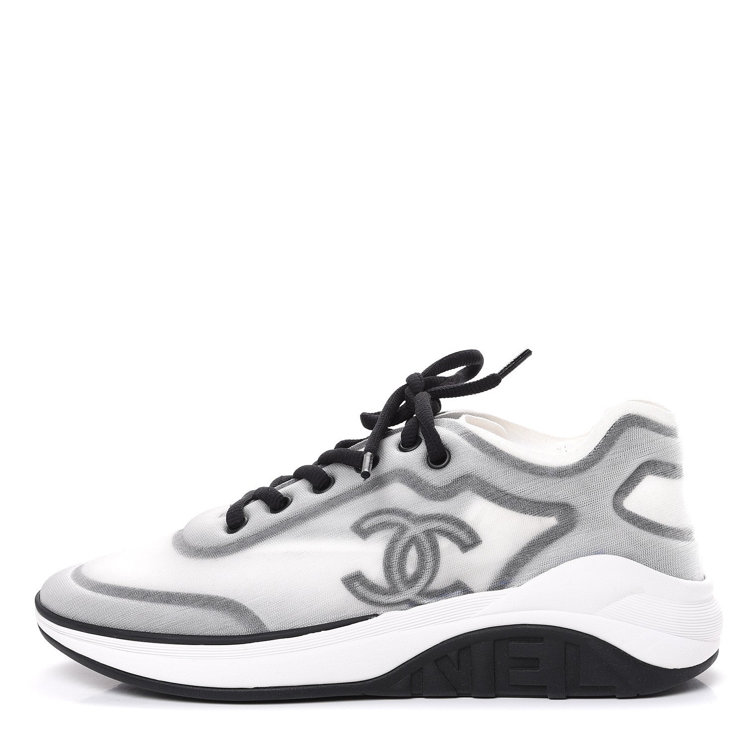 Chanel Calfskin Mesh Lycra Womens Logo Sneakers 38.5 White Black 1 of 7