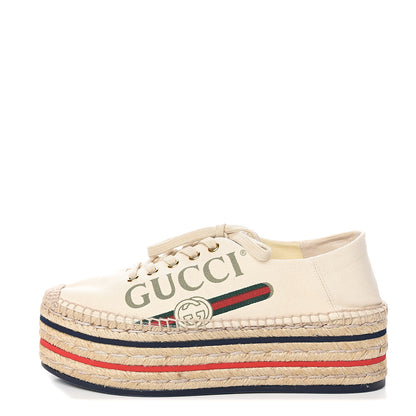 Gucci Canvas Logo Lace-Up Platform Espadrilles 37 Greggio Grege 1 of 9