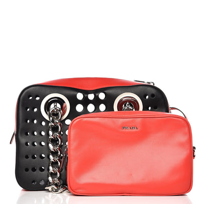 Prada City Calfskin Perforated Chain Shoulder Bag Black Lacca 3 of 10