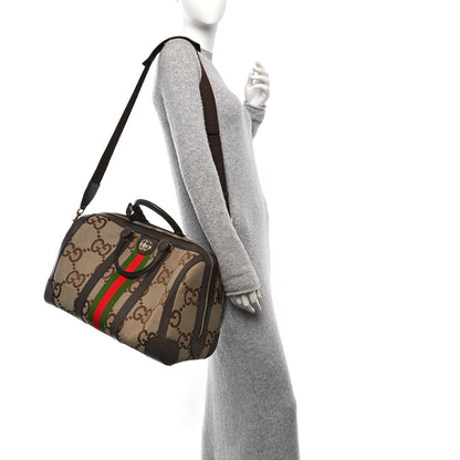 Gucci Monogram Jumbo GG Textured Dollar Calfskin Web Medium Duffle Bag Camel Ebony 2 of 10