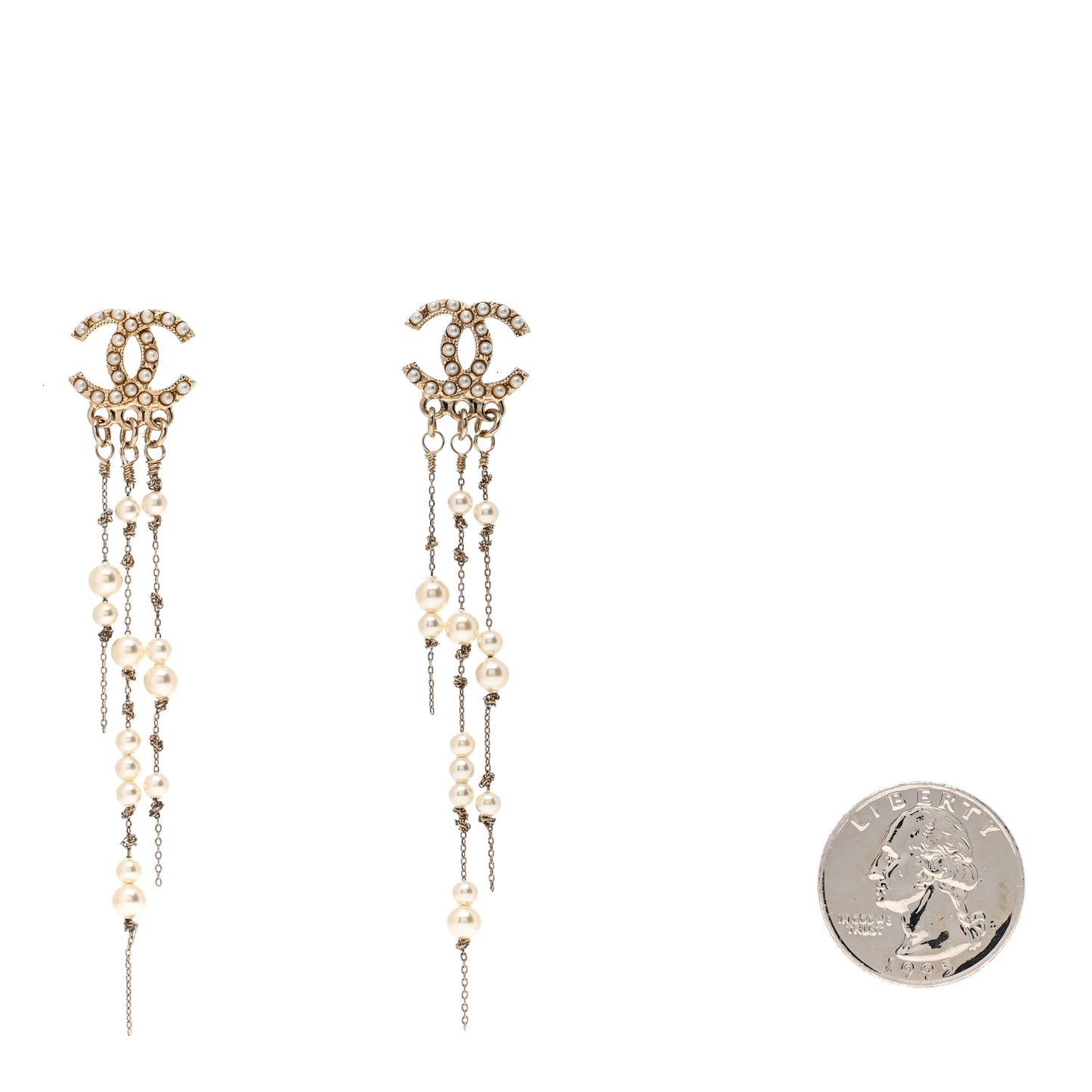 Pearl CC Long Chain Drop Earrings Gold