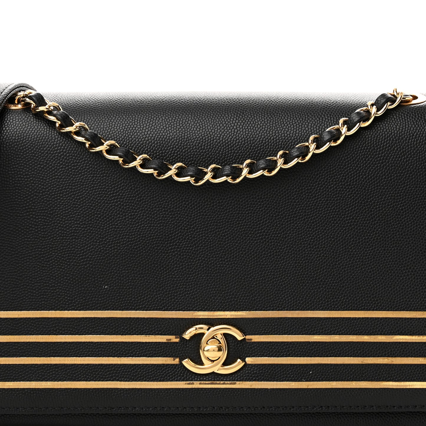 Grained Calfskin Embroidered Captain Gold Flap Bag Black
