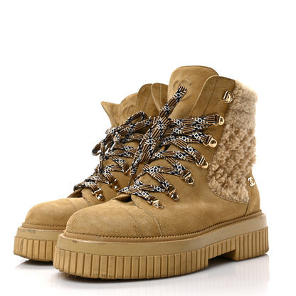 Chanel Suede Shearling Quilted CC Combat Boots 38 Beige 3 of 8