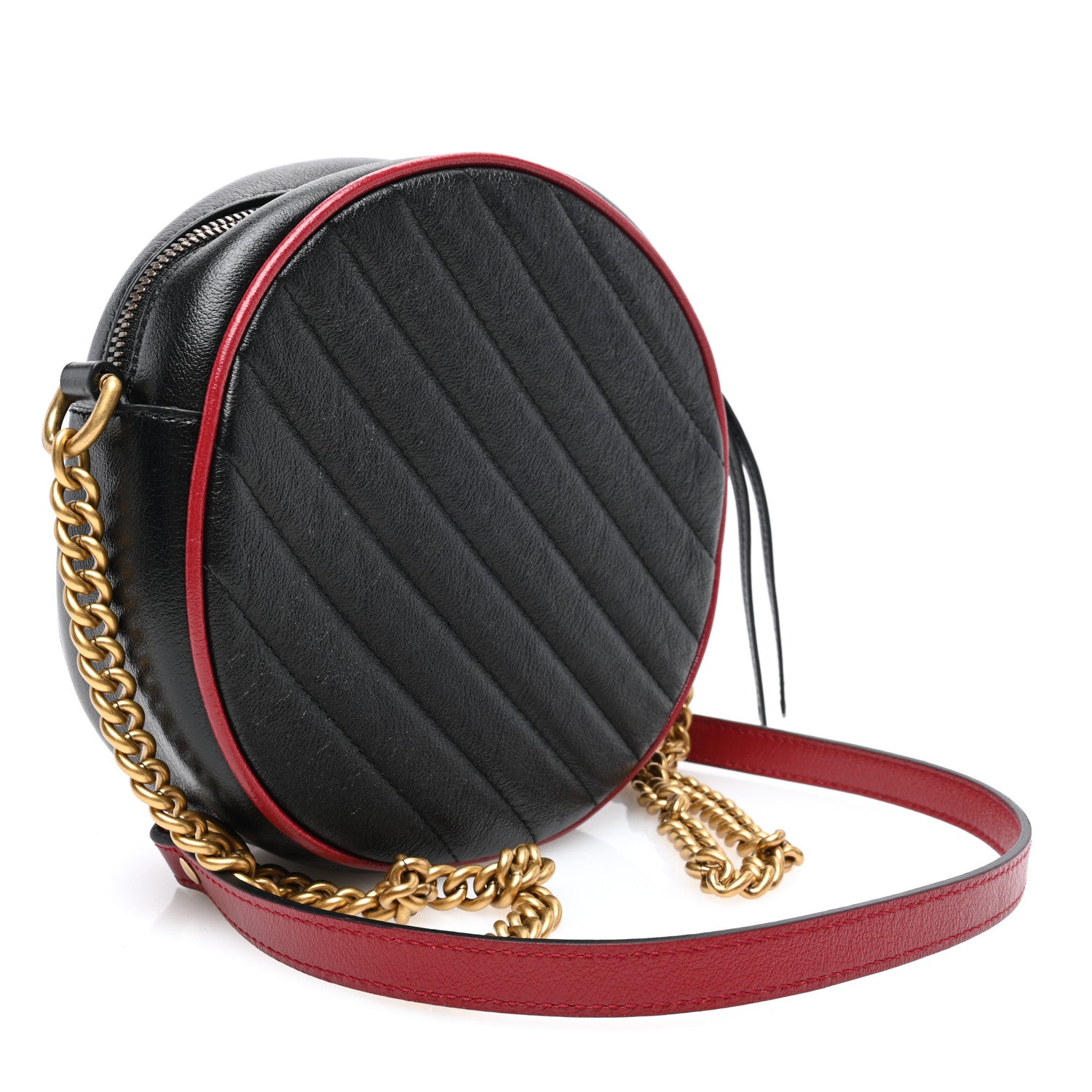 Gucci Vintage Effect Calfskin Matelasse Diagonal Mini Torchon GG Marmont Round Shoulder Bag Black Romantic Cherry 2 of 11